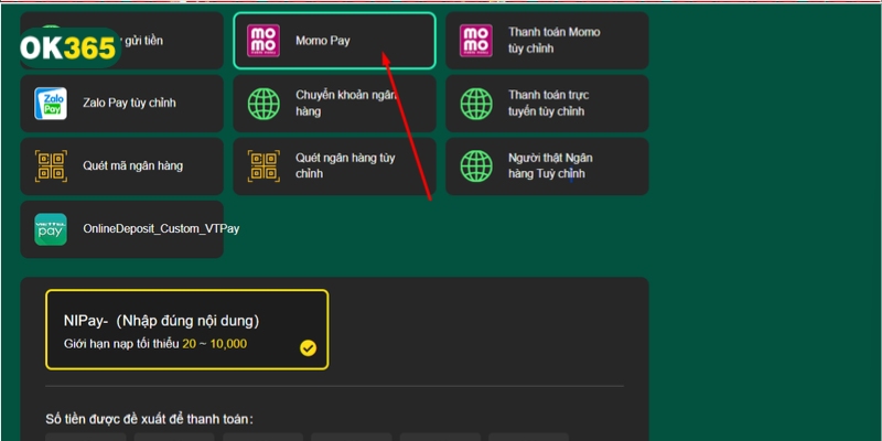 Nạp tiền tại OK365 qua ví điện tử